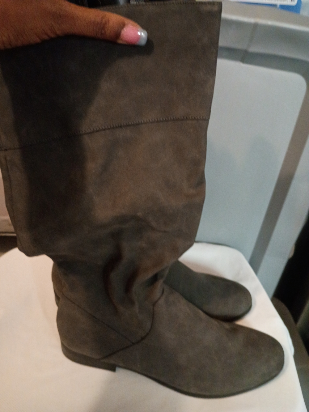 Tall Suede Knee-High Boots in Olive Gray